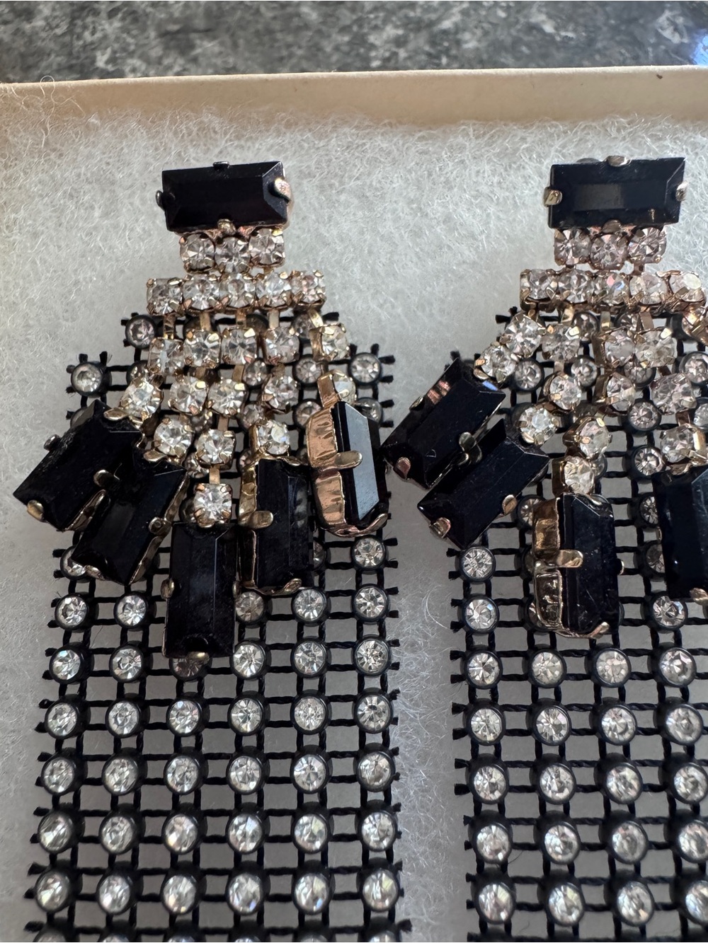 Art Deco Style Black and Clear Crystal Fringe Earrings Lightweight